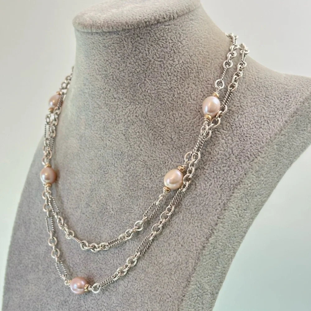 David Yurman 925 & 18k Gold Bijoux Pearl Station Necklace 36.5